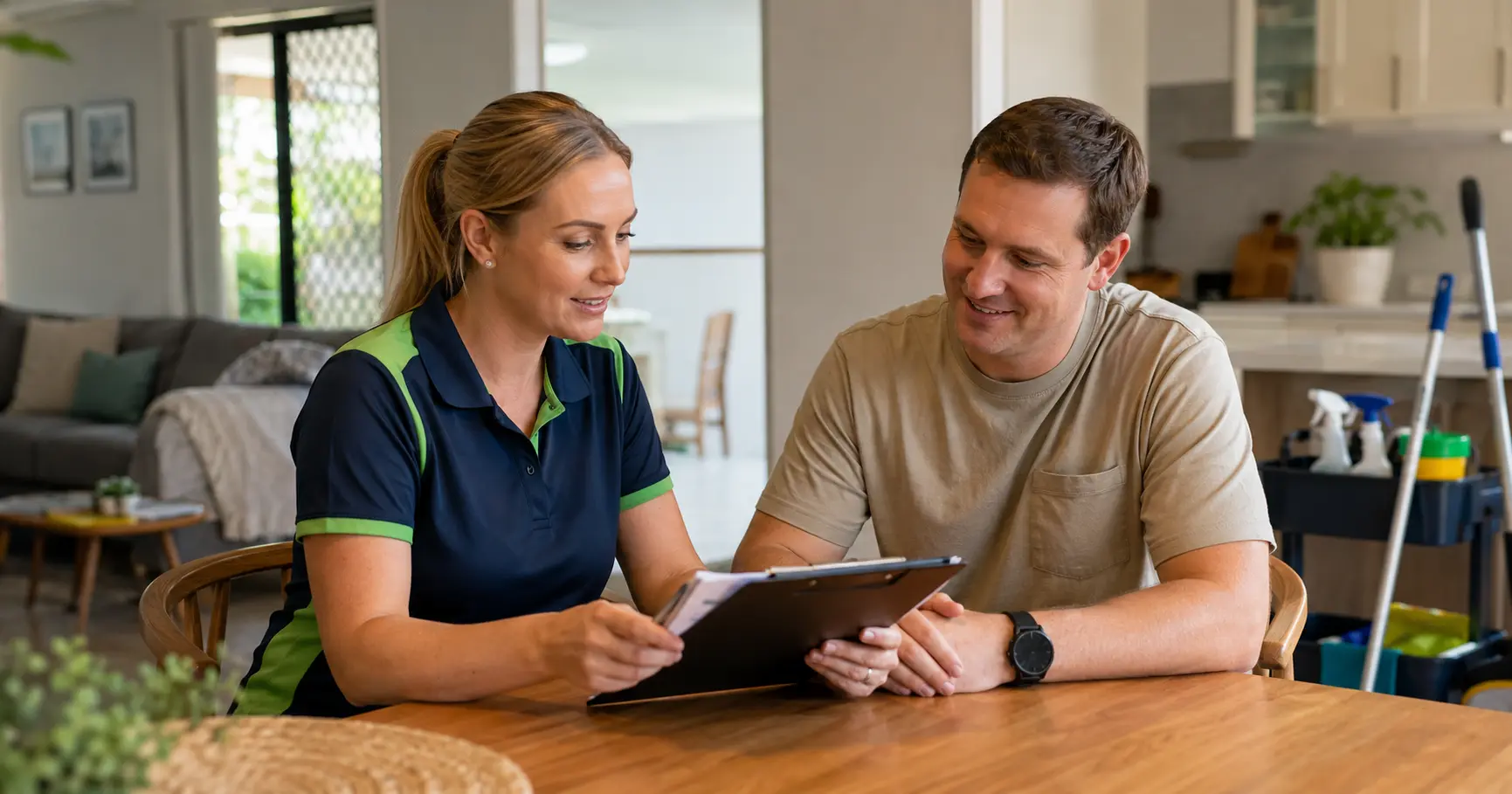 NDIS cleaning provider reviewing a home cleaning quote with participant for cleaning ndis price guide
